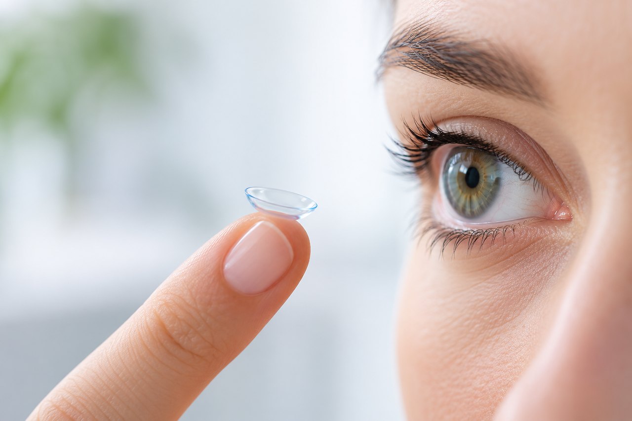 Lentilla de contacto multifocal sobre la yema de un dedo