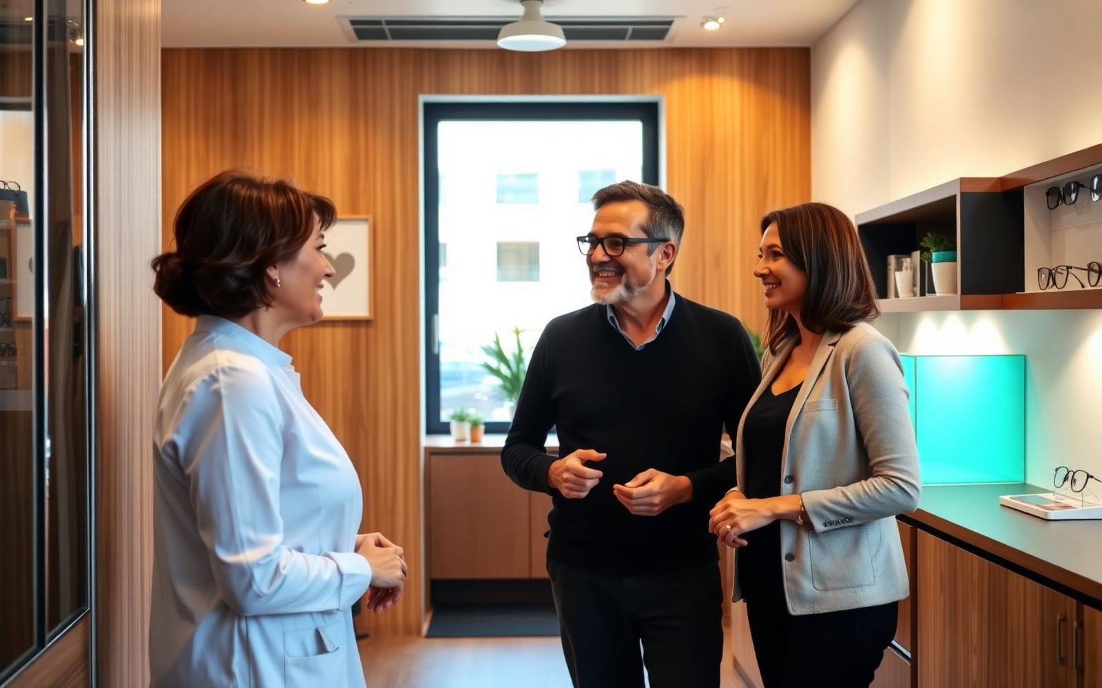 Profesional recibiendo a dos pacientes en un centro óptico de Barcelona